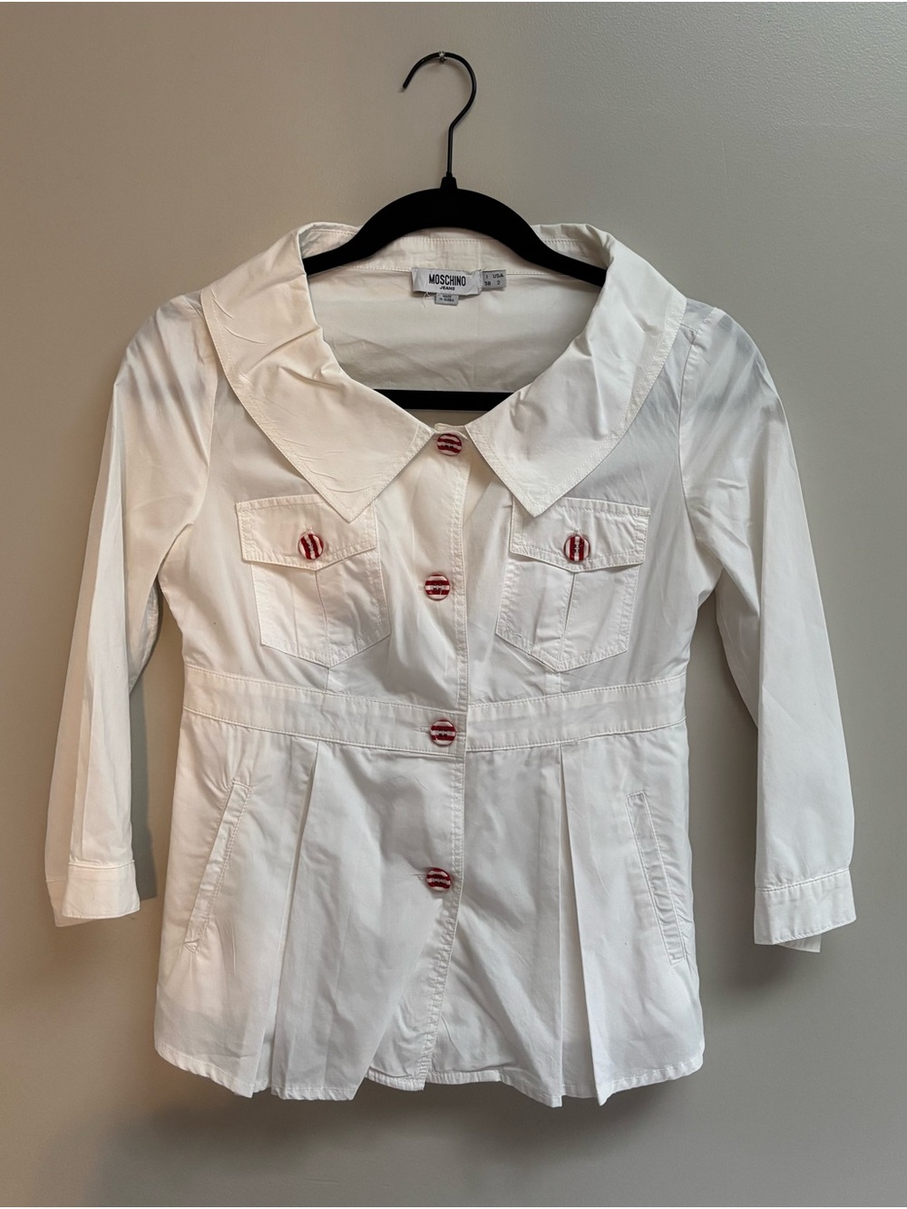 Moschino white top with Red Stripe Buttons